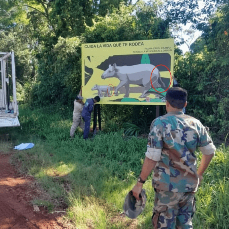 Passalacqua puso carteles para proteger a los tapires pero los dibujó con cola y sin trompa